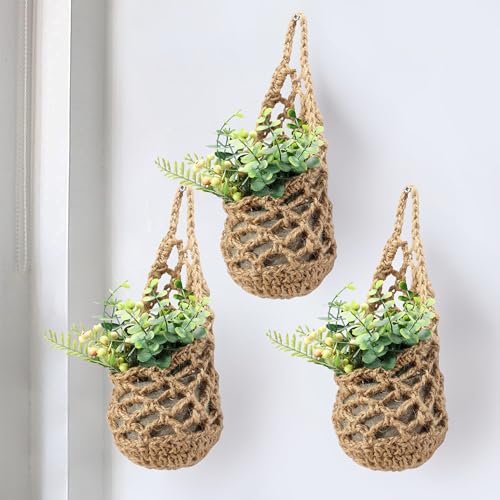 3 Packs Macrame Wall Plant Hanger for 4 in, Small Hanging Plant Basket | Wall Planters for Indoor Plants, Small Plant Hanger, Small Wall Planter, Macrame Plant Hanger, Plant Hanger Indoor - color: Jute X 3pc