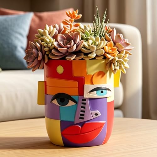 Abstract Face Planter Pot, Modern Face Planter for Indoor Plants, Colorful Cubist-Inspired Resin Plant Pot for Succulents Pothos Faux Flowers, Unique Small Planter for Shelf Table Desk Home Decor - style: Bohemian