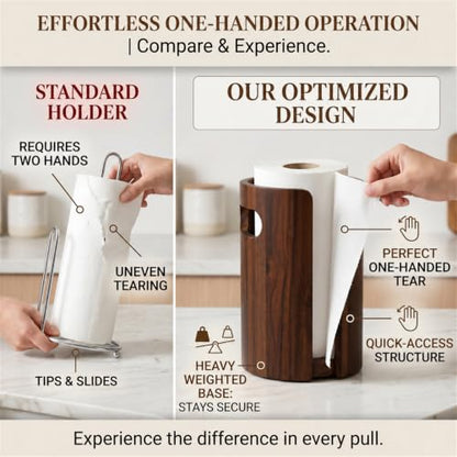 Wooden Paper Towel Holder Countertop, Weighted Base Acacia Wooden Kitchen roll rack with splash guard, and non-slip design, One-Hand Tear Design, Farmhouse Paper Towel Stand for Kitchen, Apartment, RV