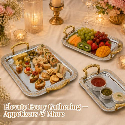 3 Pcs Silver Serving Trays with Handles | Metal Decorative Floral Rectangle Tray Set for Coffee Tea Dessert, Silver & Gold Platter for Buffet Wedding Home Decor