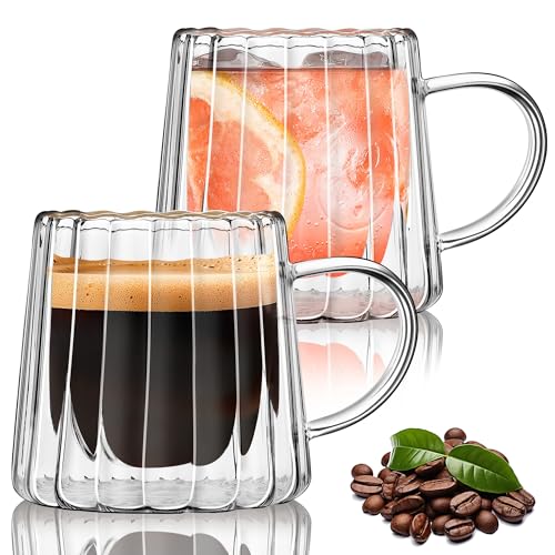Joeyan Double Walled Glass Coffee Mugs,Latte Cappuccino Tea Cups with Handle,Insulated Borosilicate Espresso Shot Cups,Glass Milk Creamer Pitcher Frothing Cup Hot Beverage Glassware,8.5 oz,Set of 2 - color: 8.5 oz Double Walled Glass Coffee Mugs
