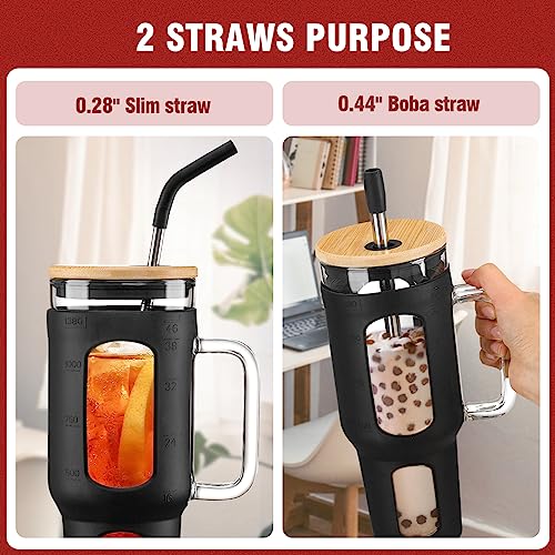 WINSA Glass Tumbler with Lid and Straw, 46 oz, Black | Iced Coffee Cup with Handle, Large Water Bottle with Silicone Sleeve, Pearl Straw & Drinking Straw, BPA Free - color: Black, size: 46 Ounces