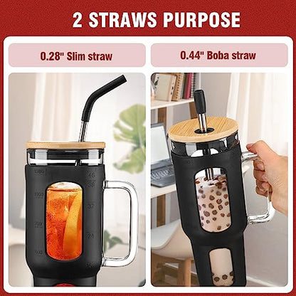WINSA Glass Tumbler with Lid and Straw, 46 oz, Black | Iced Coffee Cup with Handle, Large Water Bottle with Silicone Sleeve, Pearl Straw & Drinking Straw, BPA Free - color: Black, size: 46 Ounces