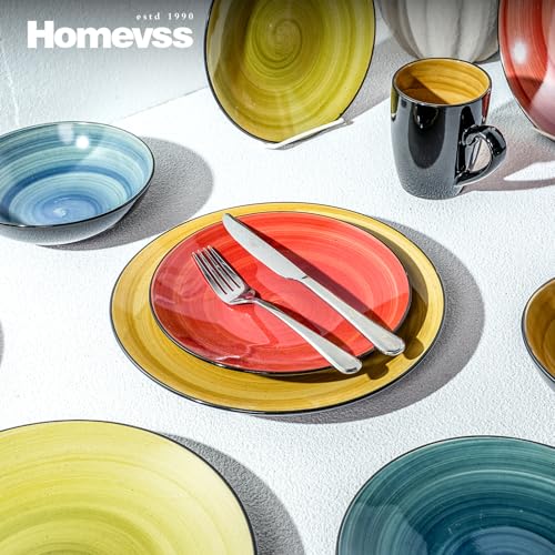 HomeVss Sonoma 16 Piece Stoneware Dinner Set, Outside Black + Inside Handpainted Mixed Colors Blue, Green, Red, Yellow with speckle - color: Combi Blue, Green, Red, Yellow