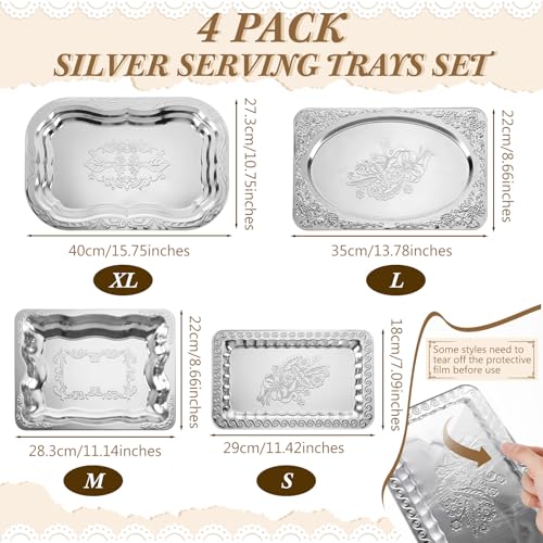 Rtteri 4 Pack 15.7" x 11.8" Large Silver Serving Trays for Party Set, Floral Engraved Serving Platters, Wedding Birthday Mirror Tray for Party, Appetizer, Charcuterie, Cookies, Desserts (Classic) - style: Classic