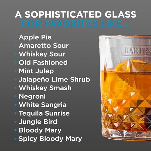 Bartesian Diamond Etched Lowball Glasses - 10.5 Oz Short Low Ball Glass Set for Cocktails & Mocktails - Classy Home Bar Glassware for Bourbon, Whiskey Sour, Old Fashioned, Mint Julep - Set of 2 - style: Etched – Lowball
