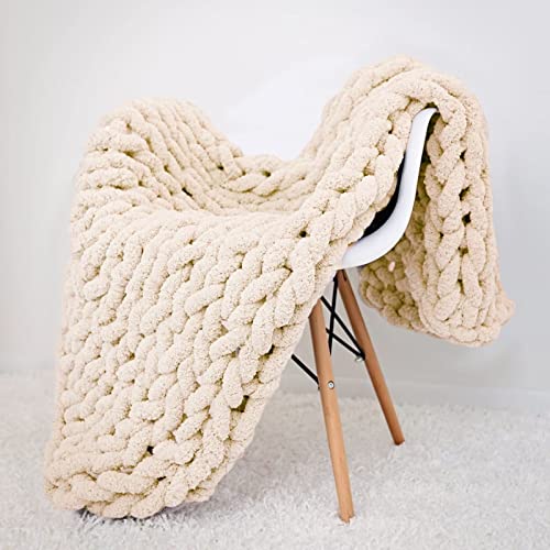 Cozy Chunky Throw Blanket Full Size 50x60 Beige Chenille Sofa Bed Throw Hand Knit Decorative Throw Warm Large Blanket - color: Beige, size: 50x60"