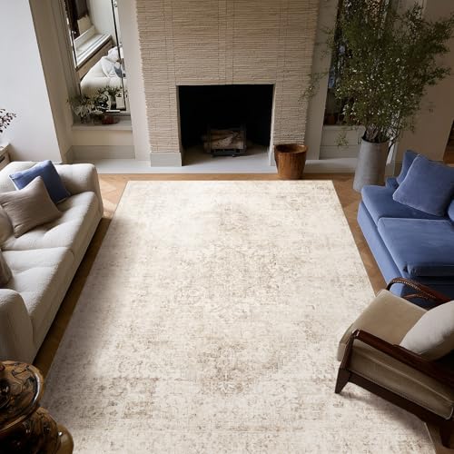 Machine Washable Rugs for Living Room: 6x9 Area Rugs for Bedroom | Ultra Soft,Non-Slip,Low Pile,Vintage Distress,Boho,Large,Carpet,High-Traffic,Dining Room,Nursery,Farmhouse Decor - color: Beige/Light Brown/Multi, size: 6' x 9' (Rectangular)