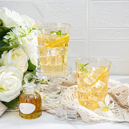 I00000 50 Pack 12 oz Gold Glitter Cups, Premium Clear Disposable Gold Cups | Gold Plastic Wine Glasses, Cocktail Glasses, Heavy Duty, Elegant Glitter Plastic Tumblers for Birthday, Wedding & Party - color: Glitter-12oz-50