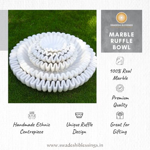 SWADESHI BLESSINGS Handcrafted Marble Ruffle Bowl for Home Decor, 8" | 100% Real White Marble, Catch-all Scalloped Fluted Decorative Bowl for Ring Dish, Fruit Bowl, Coffee&Dining Table, Gift-Ready - size: 8 Inches
