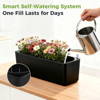 2 Pack Rectangular Self Watering Planter 15.6 x 5.4 in Window Sill Planters Indoor Rectangle Planter Self Watering Pots Plastic Plant pots with Drainage Holes Black Flower Pot (Black) - color: Black