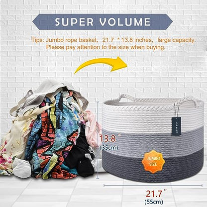 COMSE Large Woven Blanket & Laundry Basket, 87L, White & Gray | 21.7" x 13.8", Cotton Rope, Nursery Hamper for Storage of Toys Clothes Towels, Ideal for Living Room Bedroom Bathroom - color: White & Light Gray & Dark Gray