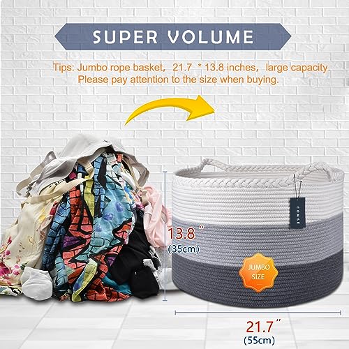 COMSE Large Woven Blanket & Laundry Basket, 87L, White & Gray | 21.7" x 13.8", Cotton Rope, Nursery Hamper for Storage of Toys Clothes Towels, Ideal for Living Room Bedroom Bathroom - color: White & Light Gray & Dark Gray