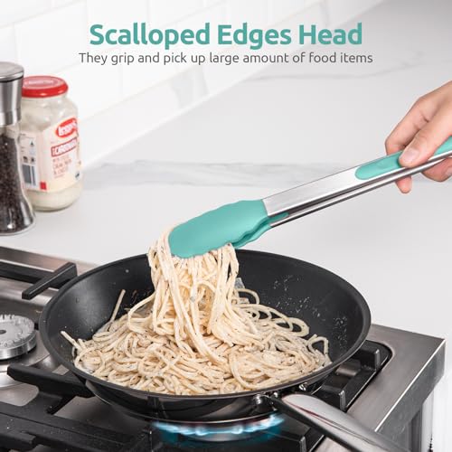 U-Taste 600℉ Heat Resistant BPA Free Non Stick Firm Cooking Tongs (Set of 2), and 600℉ Heat Proof BPA-Free Solid/Slotted Sturdy Cooking Utensil for Non Stick Cookware (Set of 5), Aqua Sky