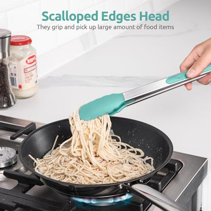 U-Taste 600℉ Heat Resistant BPA Free Non Stick Firm Cooking Tongs (Set of 2), and 600℉ Heat Proof BPA-Free Solid/Slotted Sturdy Cooking Utensil for Non Stick Cookware (Set of 5), Aqua Sky