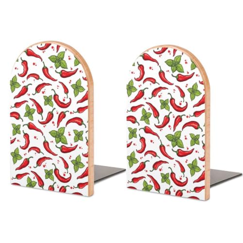 Wood Book Ends for Shelves Book Shelf Holder 1 Pair, Chili Peppers Print | Book Stopper, Bookend Organizers Accessories for Office Home and Library, Small - color: Style(505)