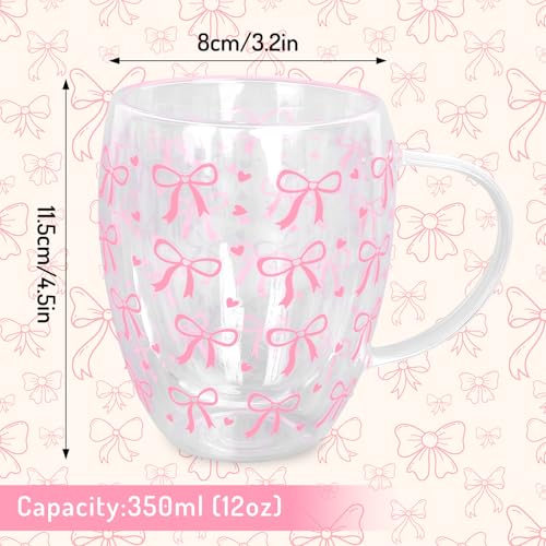 JarThenaAMCS Pink Bow Double Wall Glass Coffee Mugs 12Oz Cute Bowknot Heart Insulated Glasses Clear Espresso Cups with Handle for Home Holiday Supplies, Set of 2 - style: Pink Bow Heart