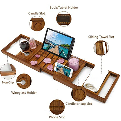 Utoplike Teak Bathtub Caddy, Expandable Bath Table Tray for Tub | Solid Wooden Bathtub Organizer with Book Tablet, Wine Glass Cup, Towel Holder, Adjustable