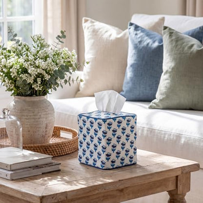 Blue Fabric Tissue Box Cover - Floral Print Tissue Box & Decorative Square Napkin Holder Handmade Cotton for Home Bedroom Vanity Countertop Night Stands Office (Dark Blue) - style: Dark Blue