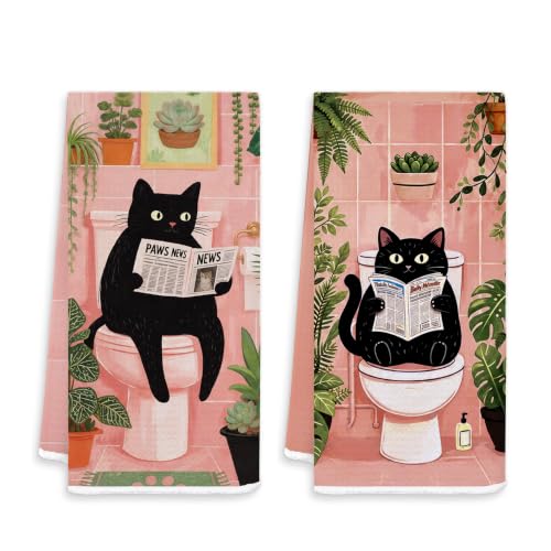 Black Cat Green Plant Pink Bathroom Hand Towels 16x24 In Set of 2 YSZ-t | Black Cat Gifts for Women, Plant Lover Gifts Decorative Hand Towels for Girls Bathroom - color: White-plant Cat Set 2