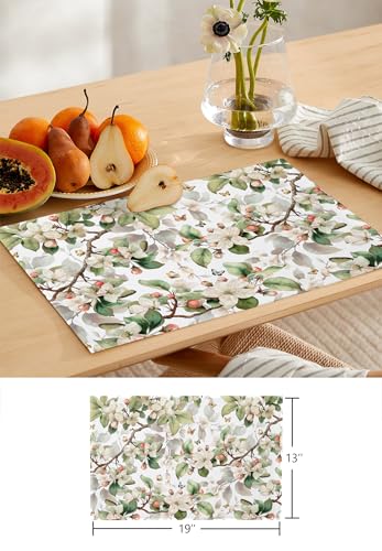 Table Runner and Placemats Set of 6 White Floral Leaves Decorative Dining Table Runner with Matching Placemats Butterfly Tree Branches Table Decor for Kitchen Dining Room and Everyday Use 13x70in - size: 13"x70"+6pcs