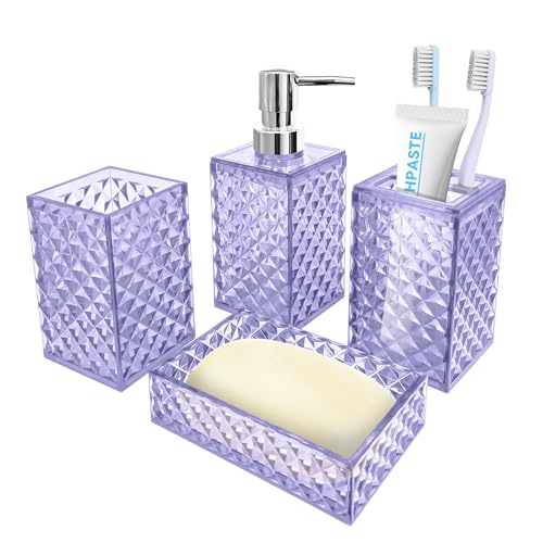 Bathroom Accessory Set, 4 PCS Light Purple Bathroom Accessories Set | Soap Dispenser and Toothbrush Holder Set, Soap Dish and Mouthwash Cup, Boho Bathroom Decor, Plastic Bathroom Sets - color: Light Purple, size: 4 pcs