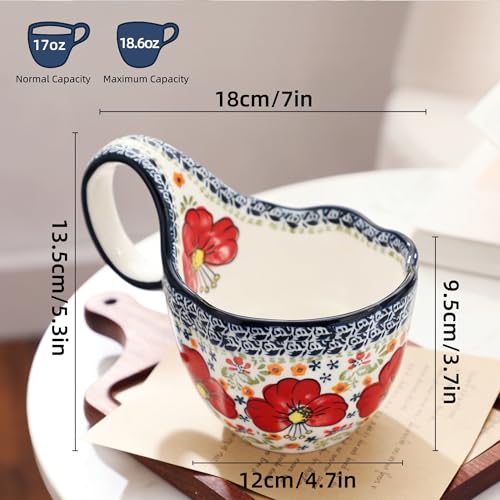ALMA Soup Bowl With Handle,16oz Handpainted Floral Soup Mug Microwave Safe | Ceramic Large Loop Handle, Enjoy Soup,Cereal,Stew,Ice Cream,Snack,Fruits,Chili, Farmhouse Gift for Grandma Mom Homemakers - color: Red Lily