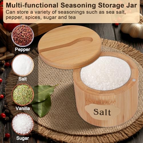 3 Pack Round Bamboo Salt Cellar Box with Magnetic Swivel Lid & Spoon,6 OZ | Round Salt Container Holder Spice Box with Label Stickers to Storage Pepper Spice Sea Herbs Sugar for Countertop,6 OZ