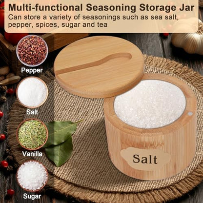 3 Pack Round Bamboo Salt Cellar Box with Magnetic Swivel Lid & Spoon,6 OZ | Round Salt Container Holder Spice Box with Label Stickers to Storage Pepper Spice Sea Herbs Sugar for Countertop,6 OZ