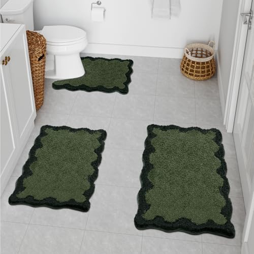 Uphome Scalloped 3 Piece Bathroom Rug Set Green Non-Slip Cute Bath Mat with U-Shaped Contour Quick Dry Absorbent Plush Microfiber Toilet Mat Modern Machine Washable Fun Floor Mats for Sink Tub Shower - color: Green, size: 18"x26"+20"x32"+U Shape 20"x24"