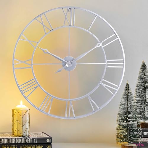 Large 30 Inch Wall Clock for Living Room Decor,Silver Roman Numeral | Battery Operated,Oversized Big Metal Wall Clock for Dinning Room,Entryway,Home Office & Home Decor - color: Silver, size: 30 Inch