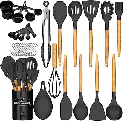 Umite Chef Kitchen Cooking Utensils Set, 33 pcs Non-Stick Silicone Cooking Kitchen Spatula Set with Holder, Wooden Handle Silicone Kitchen Gadgets Utensil Set (Black) - color: Black