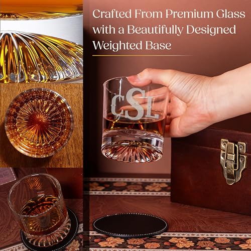 Custom Monogram 3 Initials Whiskey Gift Set, Glass, Wood Box, Him | Dot Design, Leather Coaster, Stainless Steel Stones, Personalized Design, Gift For Men, Husband Present, Dad Idea