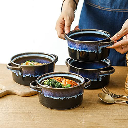 KOOV Porcelain Soup Bowls With Handles Microwave Safe, Soup Bowls Large, 24 Ounce for Soup, Cereal, Stew, French Onion Soup Bowl, Reactive Glaze Set of 4 (Nebula Blue)