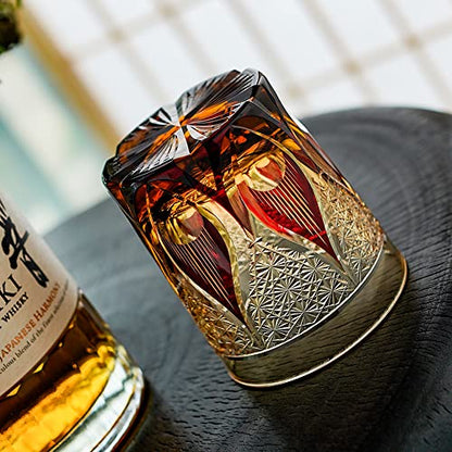 JINZHI Japanese Style Whiskey Glasses-Luxurious 8 oz Amber Red Scotch Glasses -Hand Blown Crystal-Thick Weighted Bottom Rocks Glasses