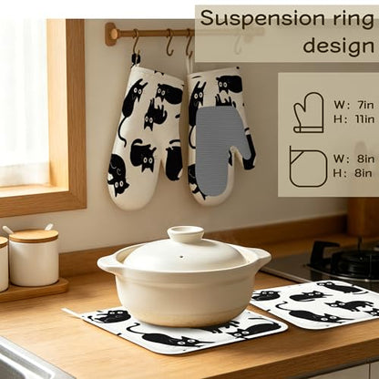 Oven Mitts and Pot Holders Cute Black Cat Silicone Kitchen Accessories Set of 4 Heat Resistant Gloves Potholder Non-Slip Grip for Chef Cooking Baking Grilling BBQ - color: Cute Black Cat