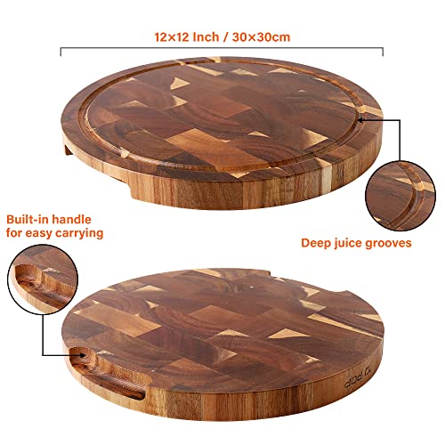 End Grain Butcher Block Round 12 IN, Premium Acacia Wood Cutting Board with Juice Groove, TJ POP Medium Chopping Board for Kitchen, 1 IN Thick - color: End grain-round