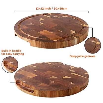 End Grain Butcher Block Round 12 IN, Premium Acacia Wood Cutting Board with Juice Groove, TJ POP Medium Chopping Board for Kitchen, 1 IN Thick - color: End grain-round