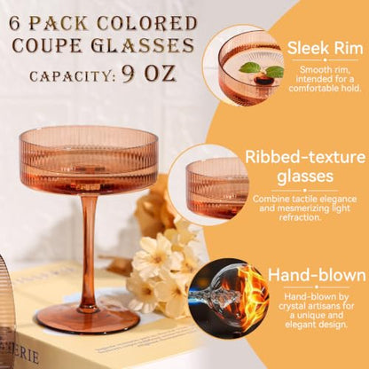 Brown Coupe Glasses Set of 6 |9 oz earth tones Brown martini Glasses |Melanin Cocktail Glasses Set,Champagne Coupe Glasses for Margarita, Bar,Dessert Glass - color: Melanie