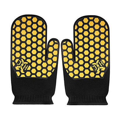 J H Heat Resistant Oven Glove:EN407 Certified 932 °F, 2 Layers Silicone Coating, Oven Mitts for Cooking, Kitchen, Fireplace,Camping, Grilling (Black/Yellow, Mitten) - color: Black/Yellow, size: Mitten