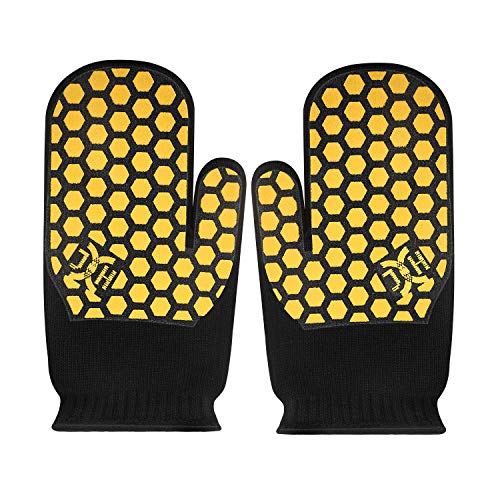 J H Heat Resistant Oven Glove:EN407 Certified 932 °F, 2 Layers Silicone Coating, Oven Mitts for Cooking, Kitchen, Fireplace,Camping, Grilling (Black/Yellow, Mitten) - color: Black/Yellow, size: Mitten