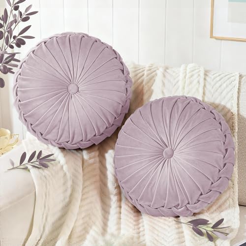 ROSE&RISY Round Pleated Velvet Throw Pillows, 2 Pack Decorative Accent Pumpkin Pillow Cushion for Couch Sofa Bed, Soft Plush Retro Vanity Throw Pillows for Home Decor, 14.5 Inch, Lavender - color: Lavender