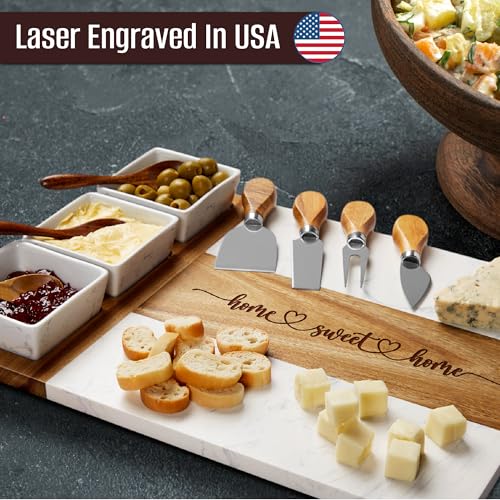 EMM Marble Cutting Board Set, Charcuterie Cheese Boards, 3 Bowls, 3 Spoons, 4 Charcuterie Utensils, Meat, Fruits, Vegetables, Housewarming, Wedding - Home Sweet Home - style: Marble-Home Sweet Home
