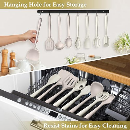 LIANYU 8Pcs Kitchen Utensils Set, Silicone Cooking Utensils Spatula Set for Nonstick Cookware, Include Silicone Spatula, Ladle, Turner, Spoon, Heat Resistant, Dishwasher Safe, Khaki White - color: Khaki White