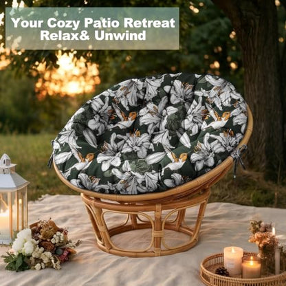 ARTPLAN Round Papasan Chair Cushion Tufted Swing Seat Pad with Ties,Floral | 47"x47"x4"tufted round chair cushion, polyester cover&fluffy fiber fill, fixed ties fit papasan, swing&wicker indoor chairs - color: White Flowers