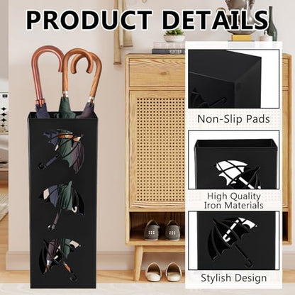 Metal Umbrella Holder Square Umbrella Stand Rack for Entryway Freestanding Rain Collection Umbrella Organizer Heavy Canes Walking Sticks Stand Rack for Indoor Home Office, 6.4" x 6.4" x 16.3", Black