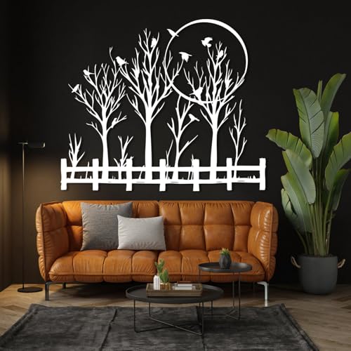 Birds on Tree Branch Metal Wall Art, Tree of Life Metal Wall Decor, Field of Trees Wall Decor, Large Trees Wall Sculpture, Forest Silhouette Wall Hanging for Indoor, Outdoor (White, 24"x20"/60x50cm) - color: White, size: 24L" x 20W"