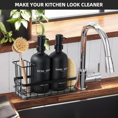 Dish Soap Dispenser for Kitchen, 16.9 fl oz Black Hand and Dish Soap Dispenser Set, Kitchen Soap Dispenser with Sponge Holder, Brush Holder and Loofah Sponge, Countertop Sink Organizer Accessories - color: Black