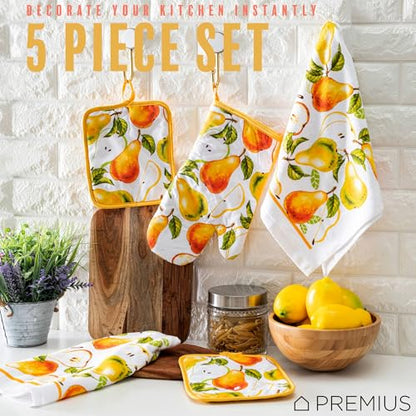 5 Piece Pears Printed Kitchen Linen Set, 2 Cotton Towels, 2 Potholders, 1 Oven Mitt with Hanging Loop, 100% Cotton Material on Front & Polyester Backing, Perfect Kitchen Accessory, Gift - color: Pears