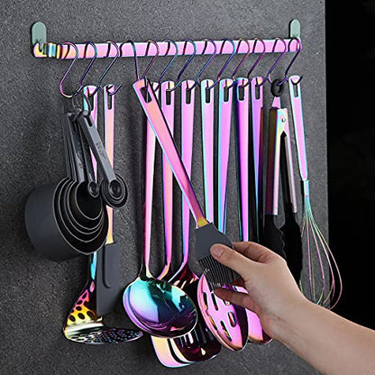 Rainbow Cooking Utensils Set, Kyraton Stainless Steel 37 Pieces Kitchen Utensils Set with Titanium Colorful Plating, Kitchen Tool Gadgets Set with Utensil Rack Heat Resistant Dishwasher Safe - color: 3.37 piece rainbow set